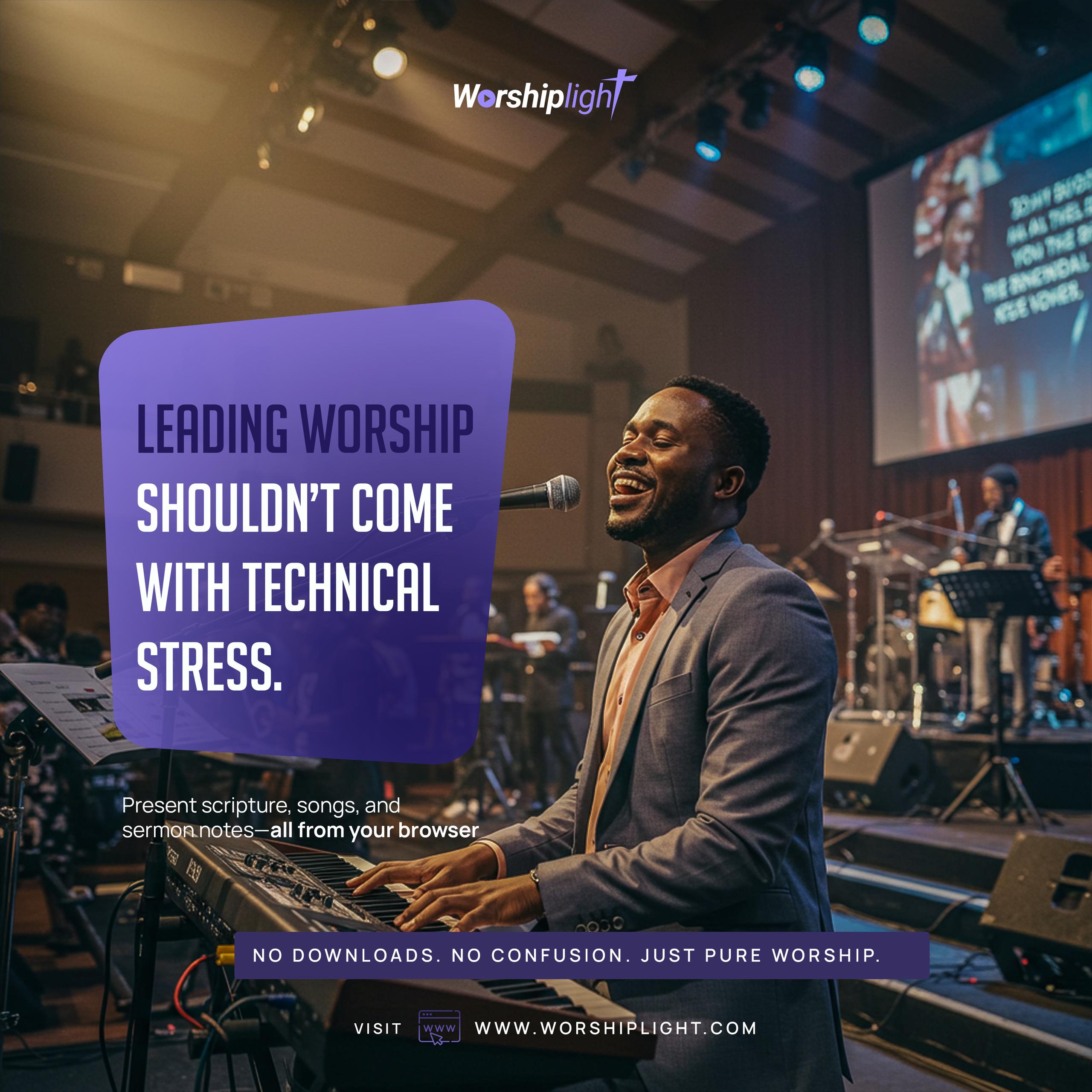 Worship leader singing and playing keyboard on stage, presented with Worship Light branding
